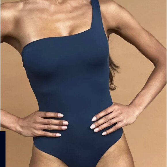 We wore what - one shoulder one piece bathing suit, Navy, Sz M, NWT - Picture 2 of 6
